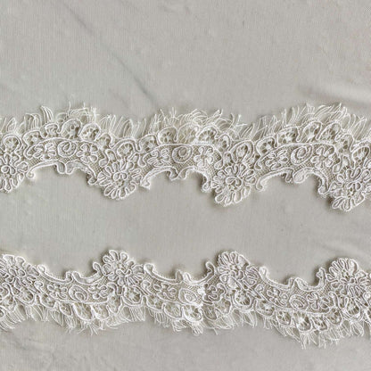 Presenting ingrid an ivory colored Scalloped rayon and nylon lace with corded embroidery and eyelash on trim