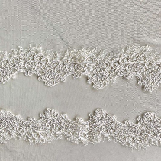 Presenting ingrid an ivory colored Scalloped rayon and nylon lace with corded embroidery and eyelash on trim