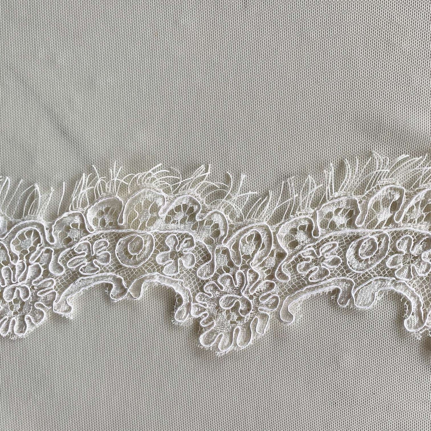 Presenting ingrid an ivory colored Scalloped rayon and nylon lace with corded embroidery and eyelash on trim in closeup