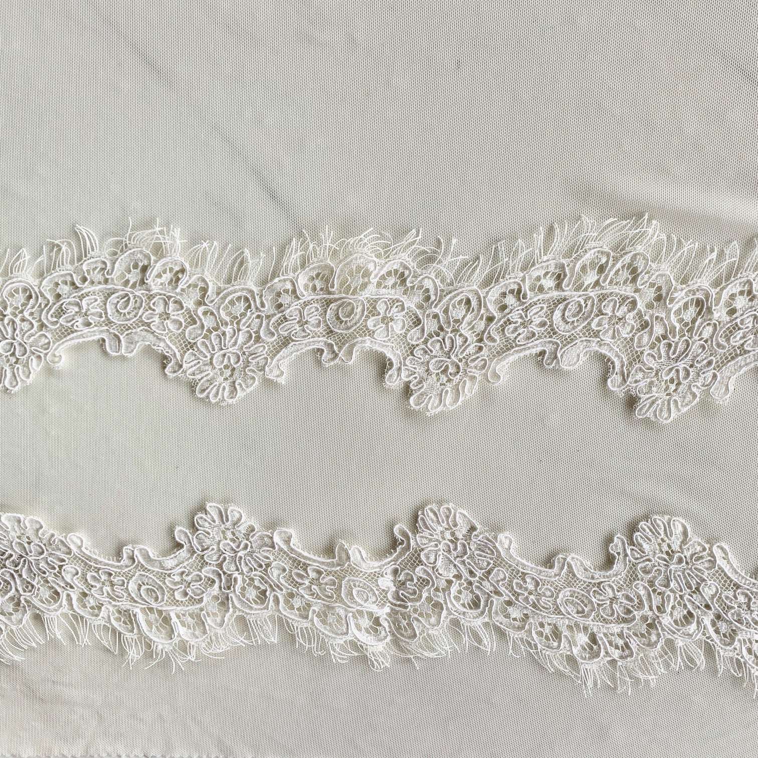 Presenting ingrid an ivory colored Scalloped rayon and nylon lace with corded embroidery and eyelash on trim