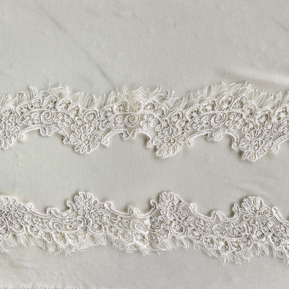 Presenting ingrid an ivory colored Scalloped rayon and nylon lace with corded embroidery and eyelash on trim