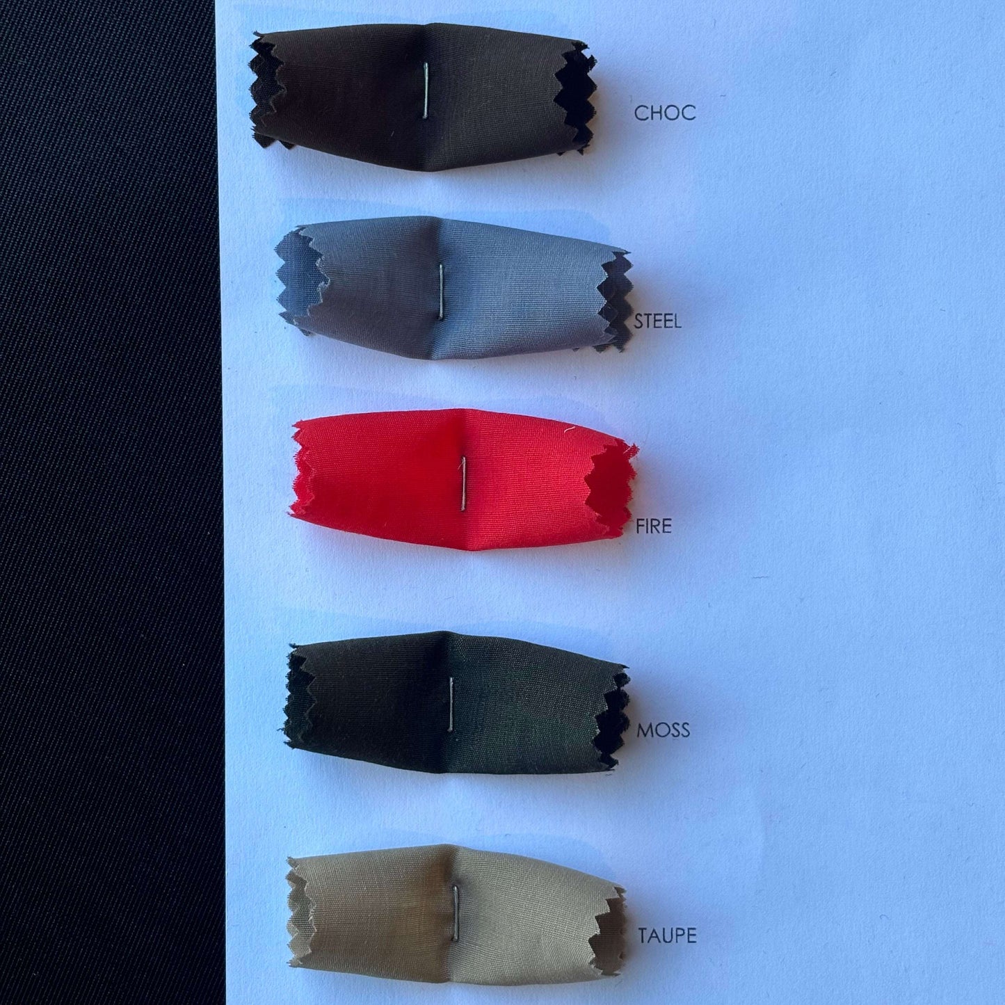 Presenting Choc, Steel, Fire, moss and taupe from the Linus Color Card