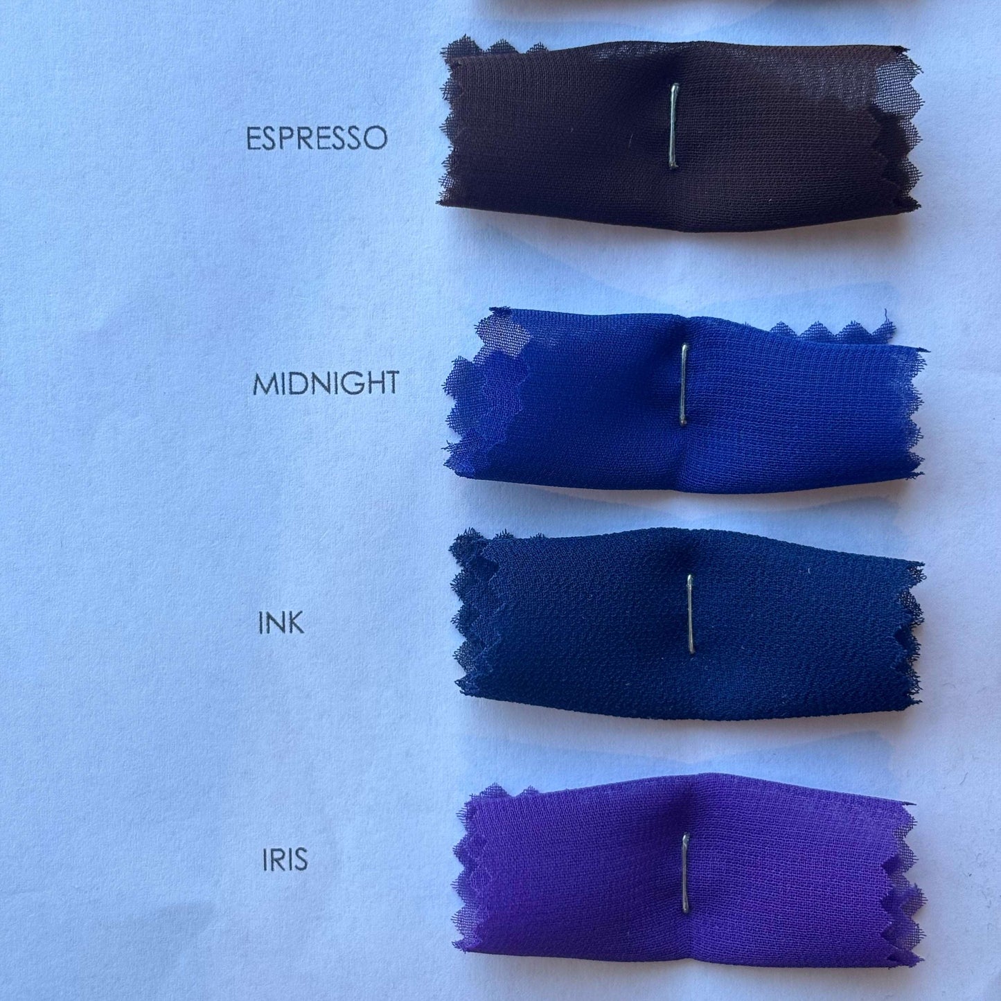 Presenting the expresso, midnight, ink and iris colors on the microgette color card