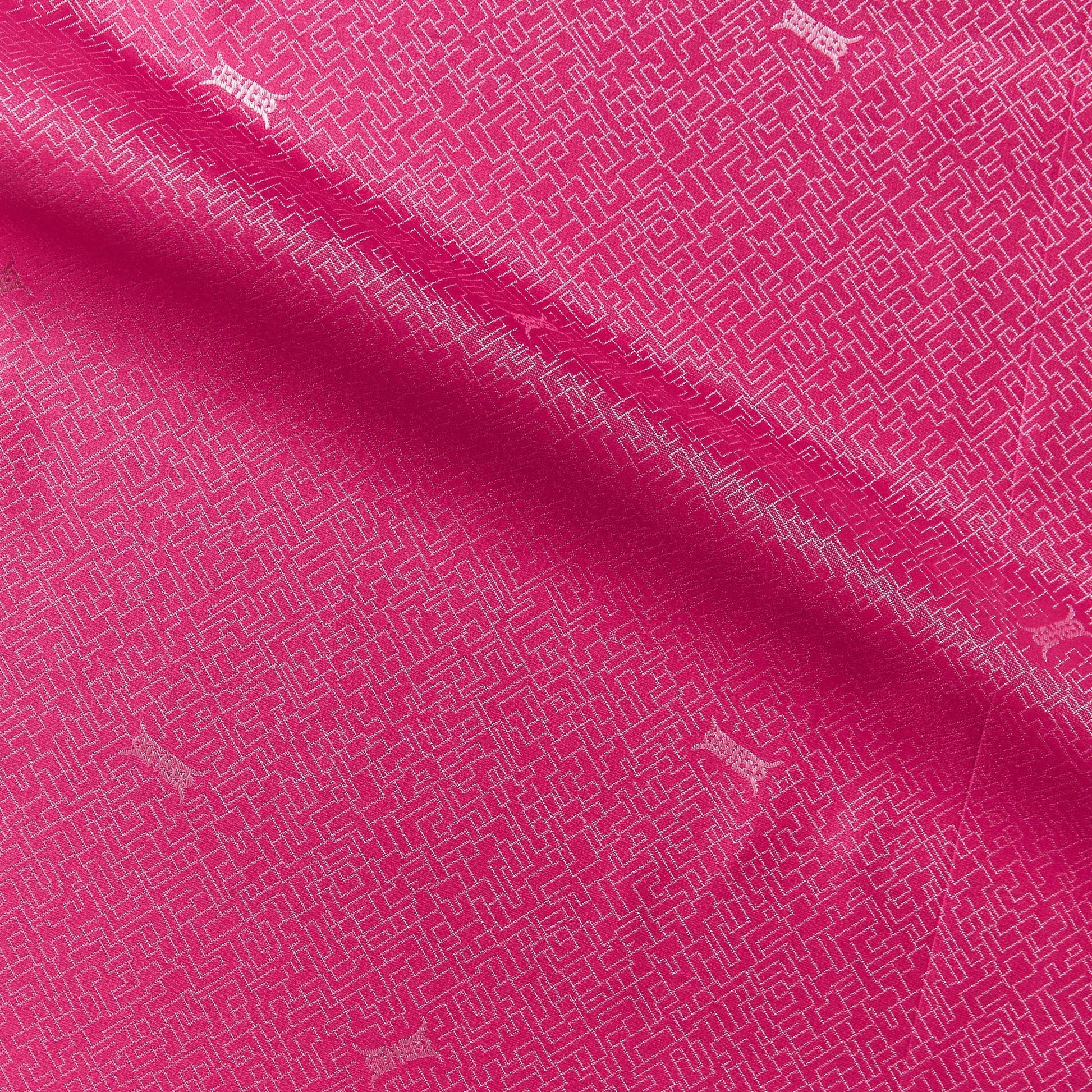 ming presenting the orchid color version of a silk and rayon blend featuring a Chinese inspired jacquard print