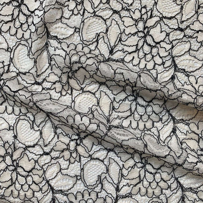 piccadilly presenting the ivory color version of a rayon bland rochelle antique designed lace with double scalloped edge on a rayon and nylon blend
