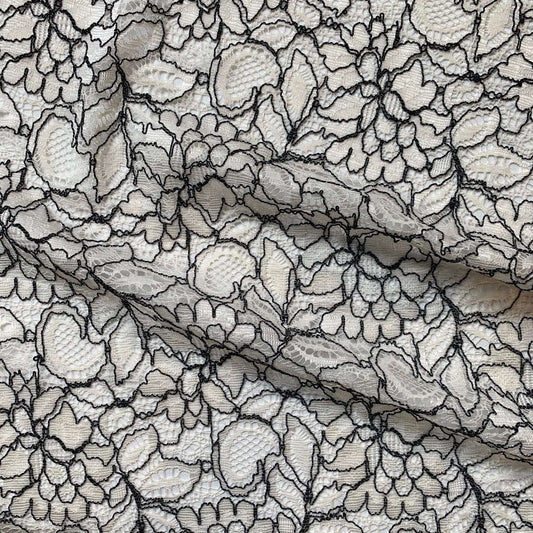 piccadilly presenting the ivory color version of a rayon bland rochelle antique designed lace with double scalloped edge on a rayon and nylon blend