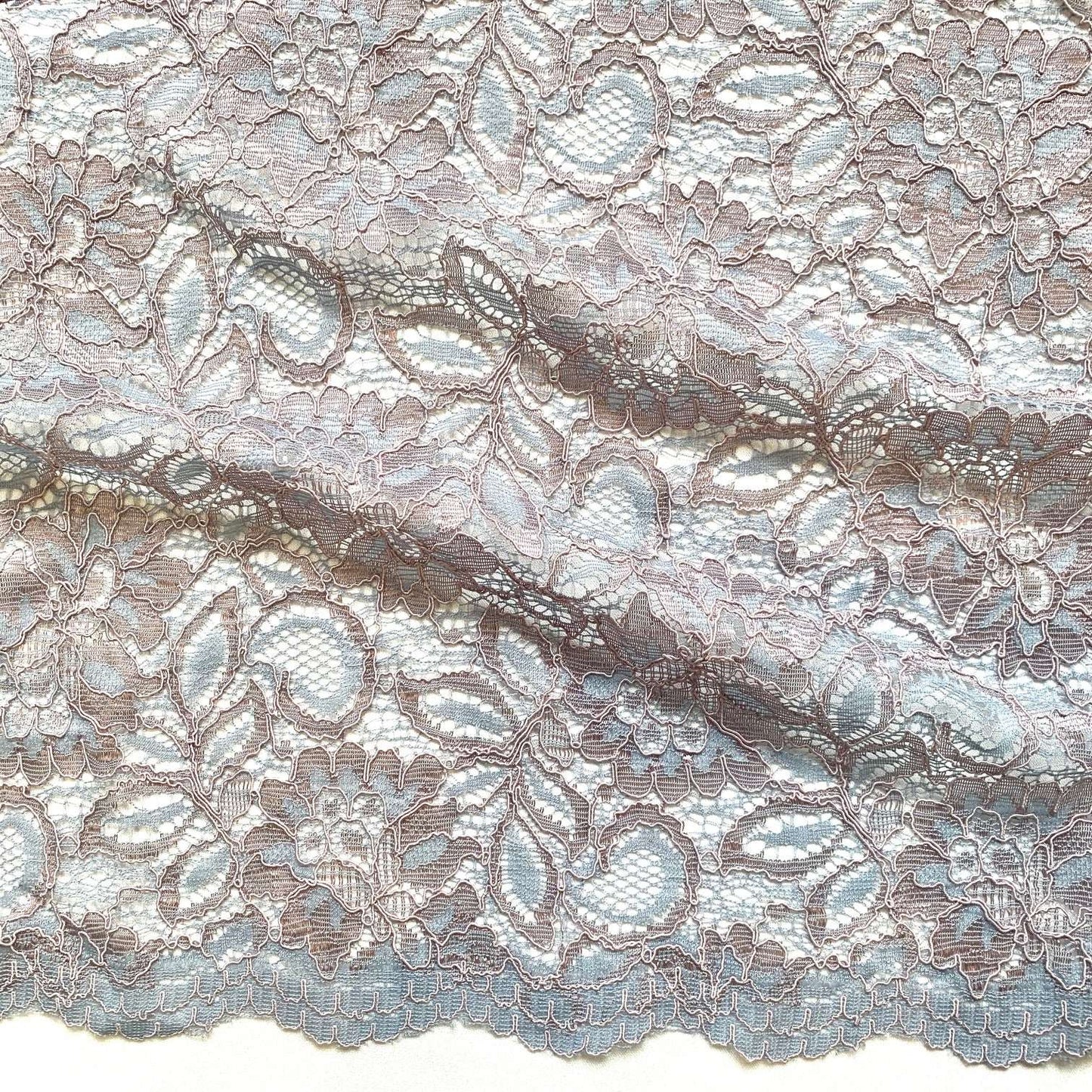 piccadilly presenting the mist color version of a rochelle antique designed lace showing double scalloped edge blend