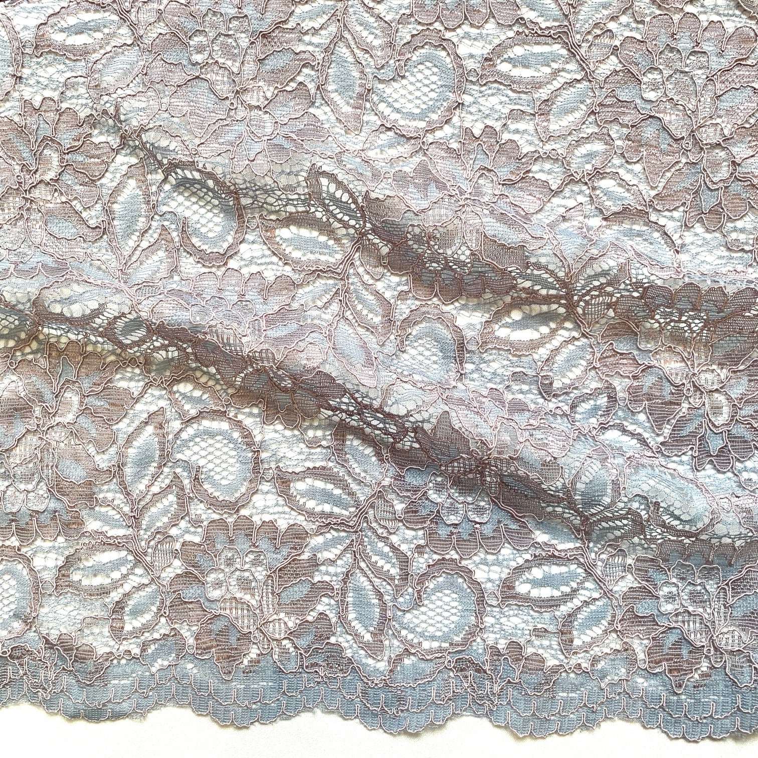 piccadilly presenting the mist color version of a rochelle antique designed lace showing double scalloped edge blend
