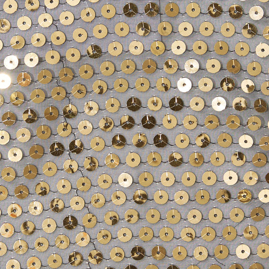 Showing sequin georgette featuring Gold colored sequins on sheer georgette polyester black mesh with good drape