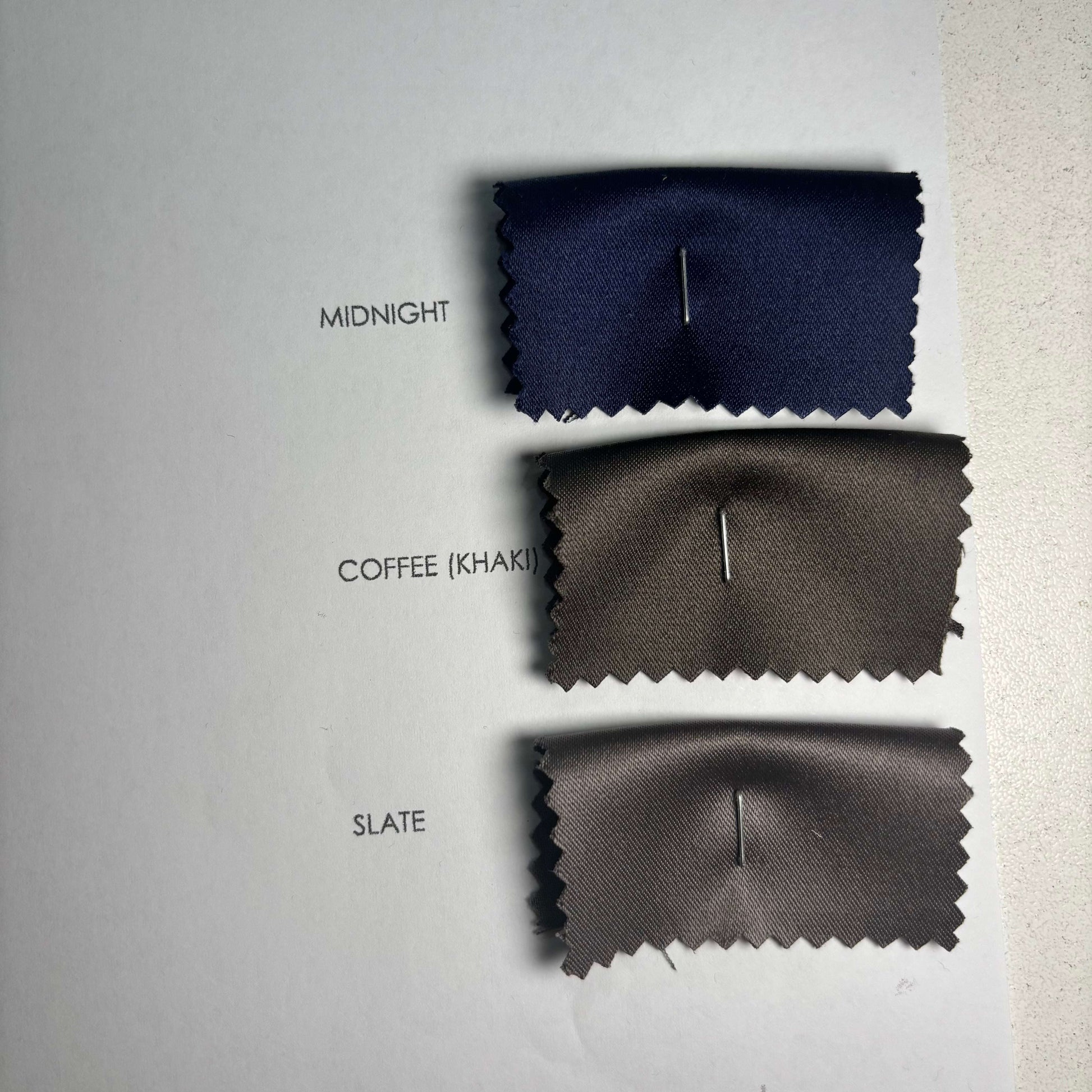 Showing another selection of the Trump Color Card with midnight, coffee khaki and slate shades