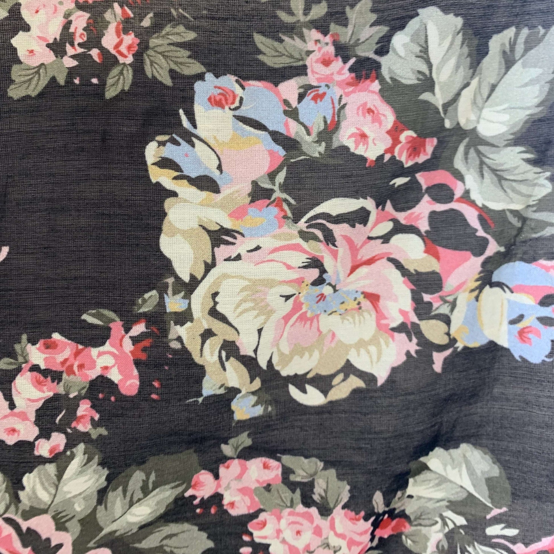 Presenting cabbage a rose floral print on black base silk  blended with cotton featuring good drape