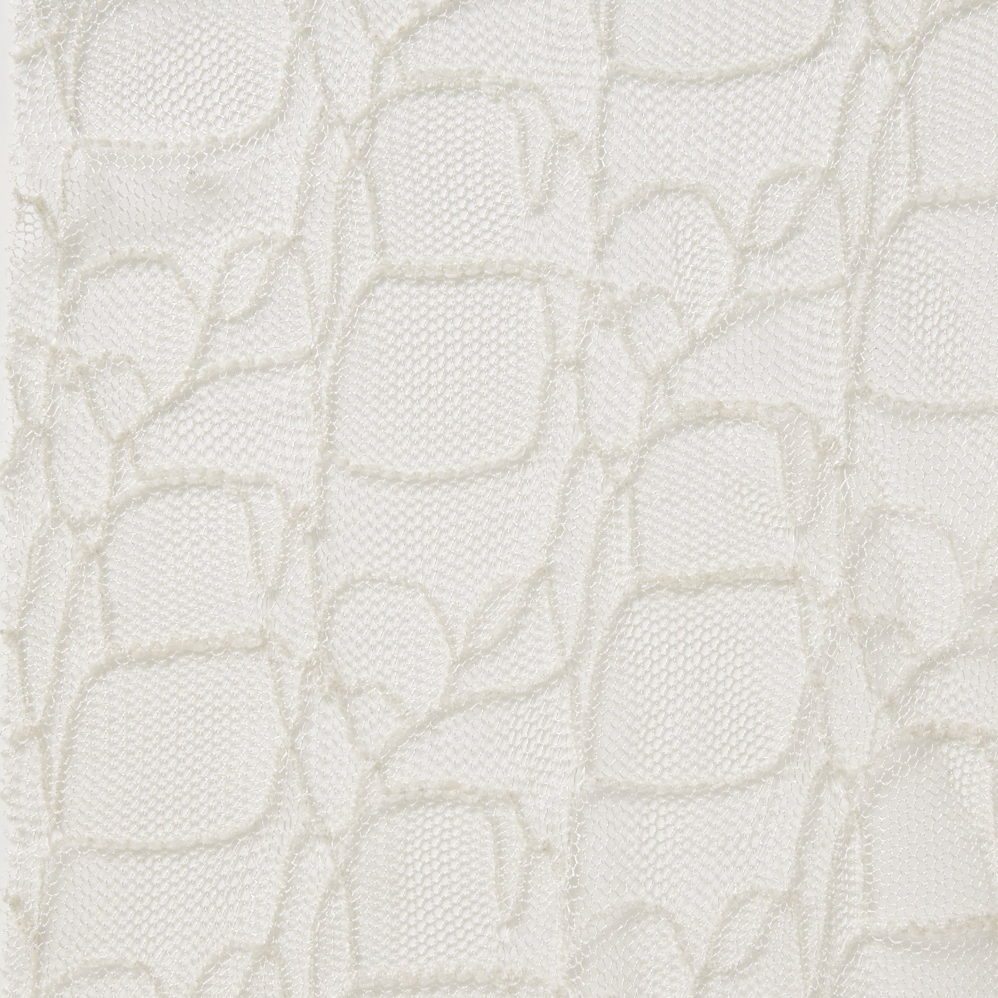 Displaying bedlam ae ivory color fabric with an elegantly simple embroidered design on ivory mesh base as a polyester and rayon blend 