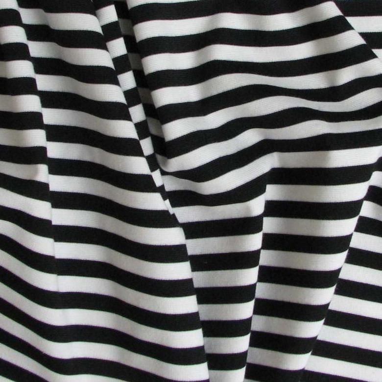 Showing Breton with black and white shaded classic stripes on heavy weight ponte knit stretch polyester with spandex