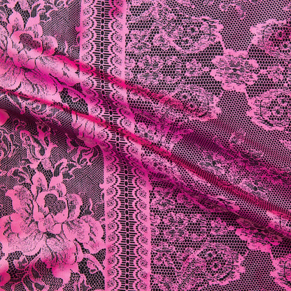 Displaying showing the pink colored version featuring floral Rochelle lace print on lightweight pure jap silk with fluid drape