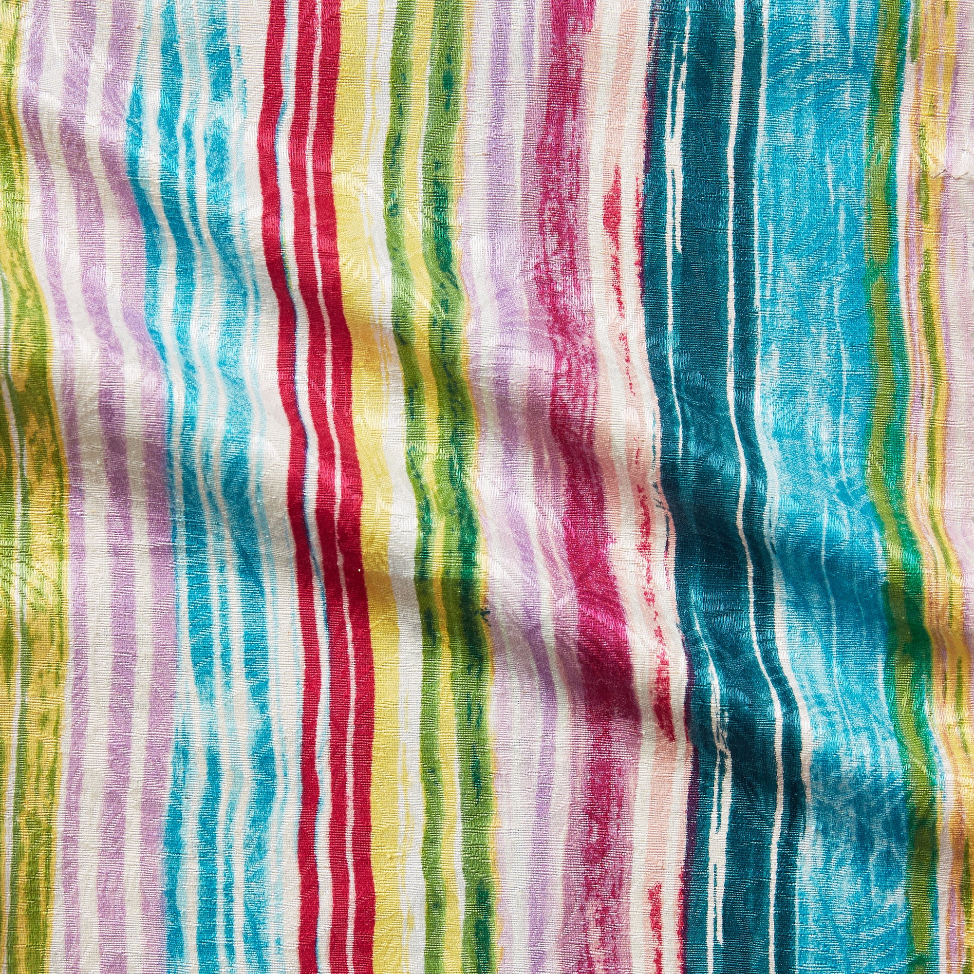 Presenting carnival a mid weight raw pure silk with multi-stripe multi colored printed jacquard print with motif design