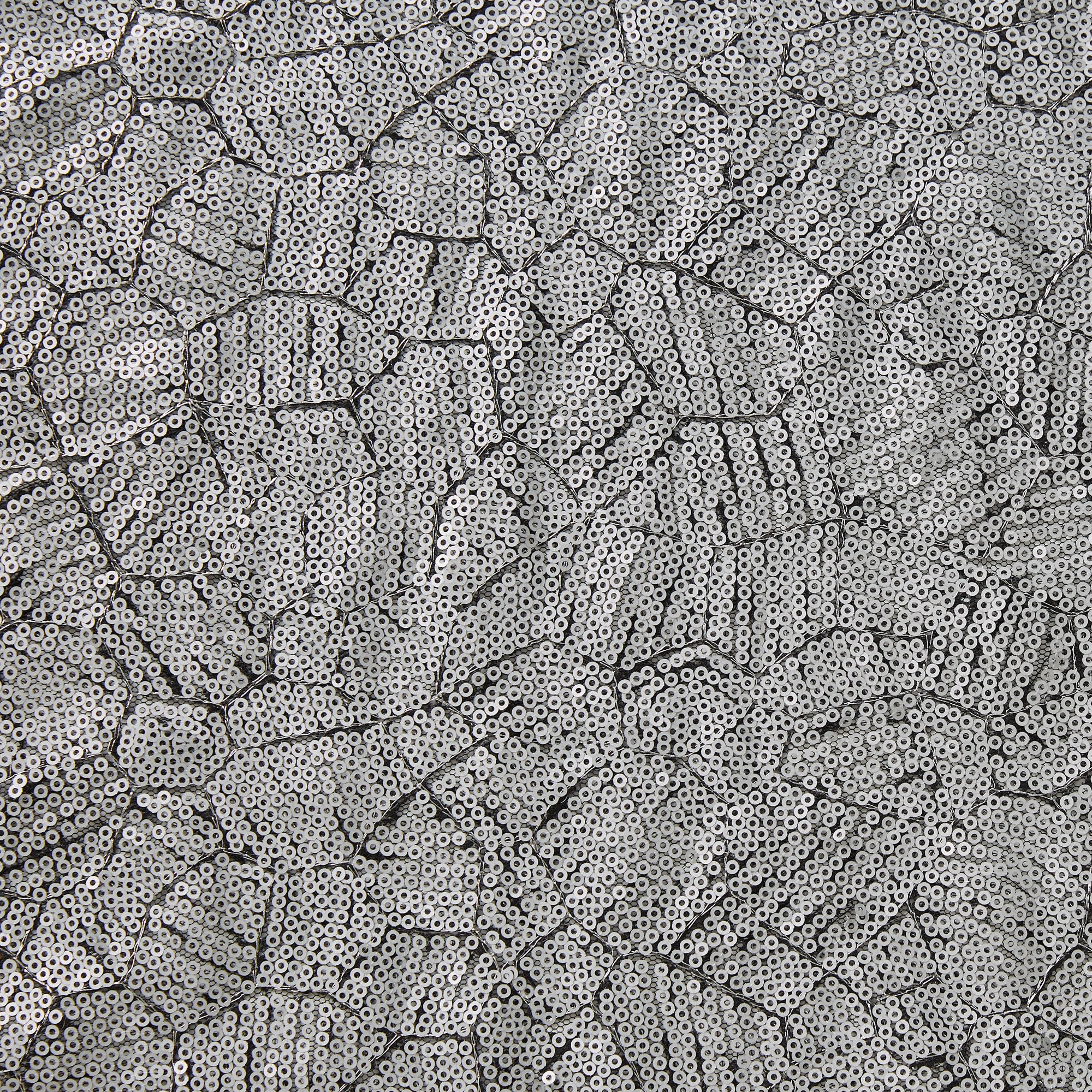 Illustrating Clash which features silver colored sequins in a  abstract design on black pure polyester mesh 