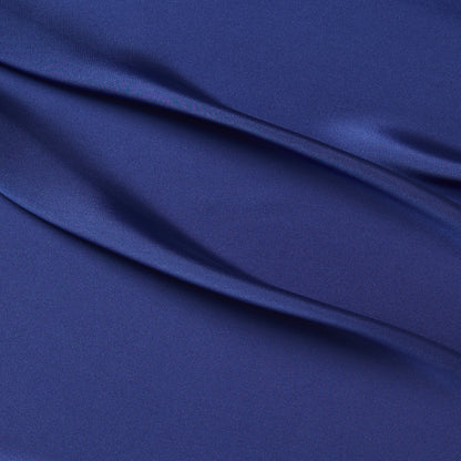 Deluxe displaying the cobalt color version of a satin chiffon silk like pure polyester with fluid drape