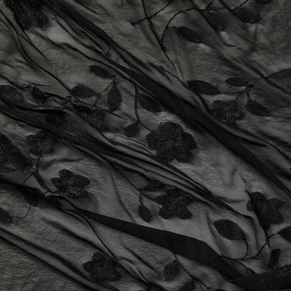 Showing destiny a black colored Rayon and Nylon Floral Embroidery on sheer sheer mesh 