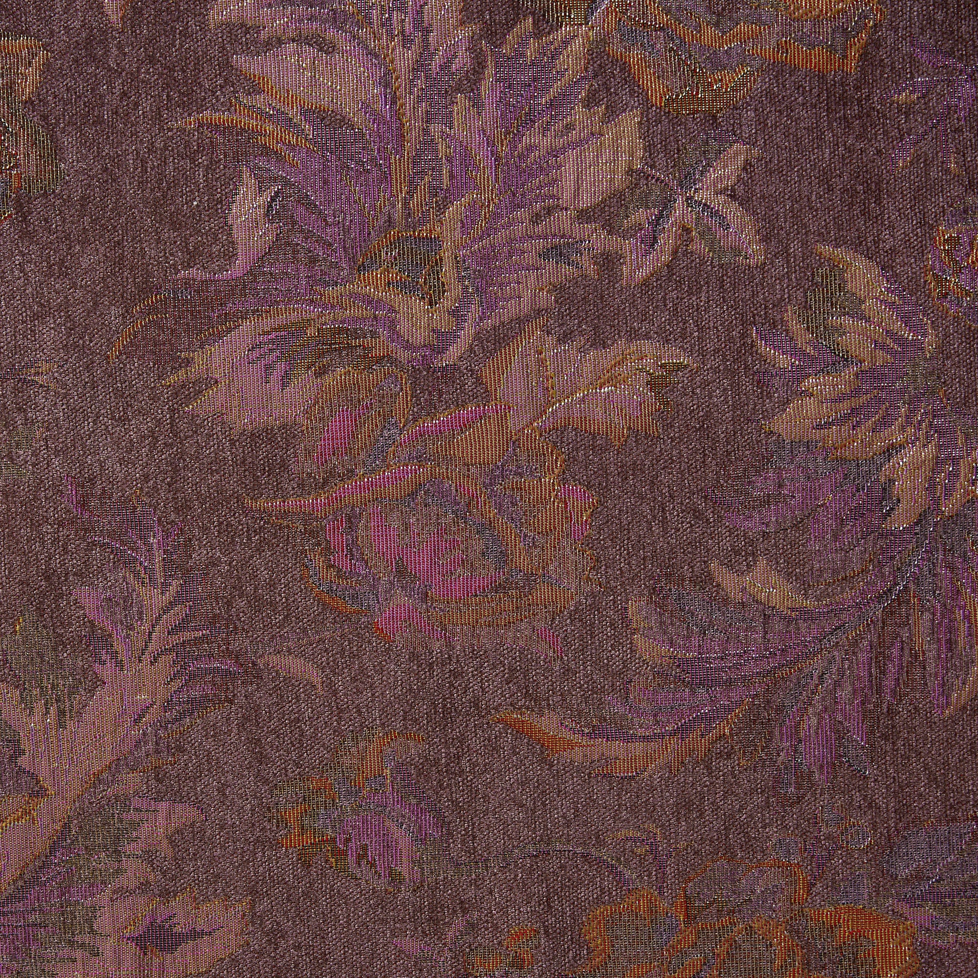 Presenting Donna a purple fabric with colored shades leafy floral heavy weight polyester and Rayon brocade with lurex 