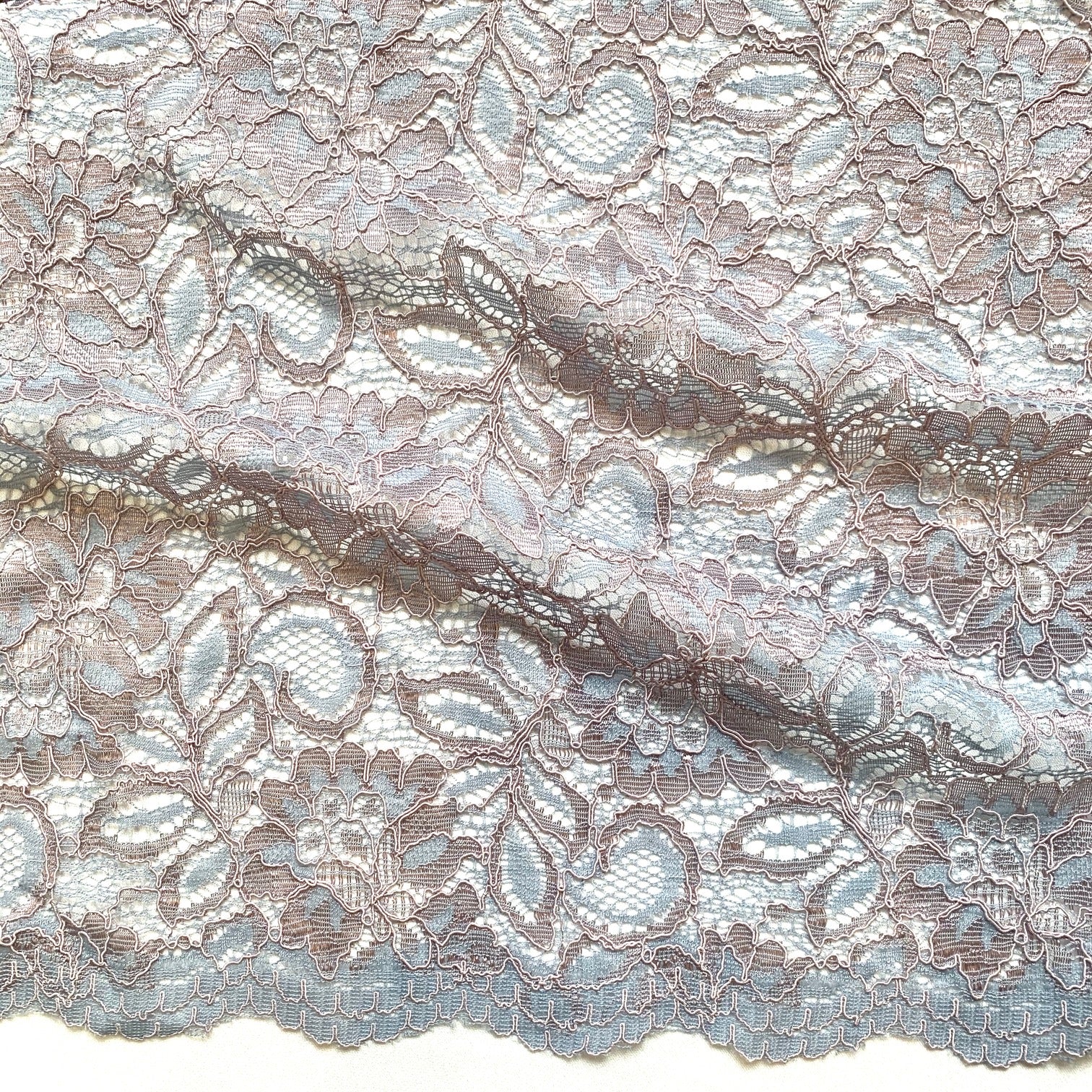piccadilly featuring the mist color version of a rochelle antique designed lace showing double scalloped edge blend