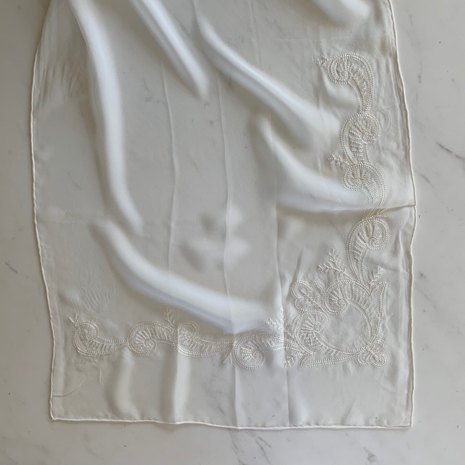 Showing Embroidered Corner Scarf a natural color light weight georgette pure silk scarf  47 by 150cm