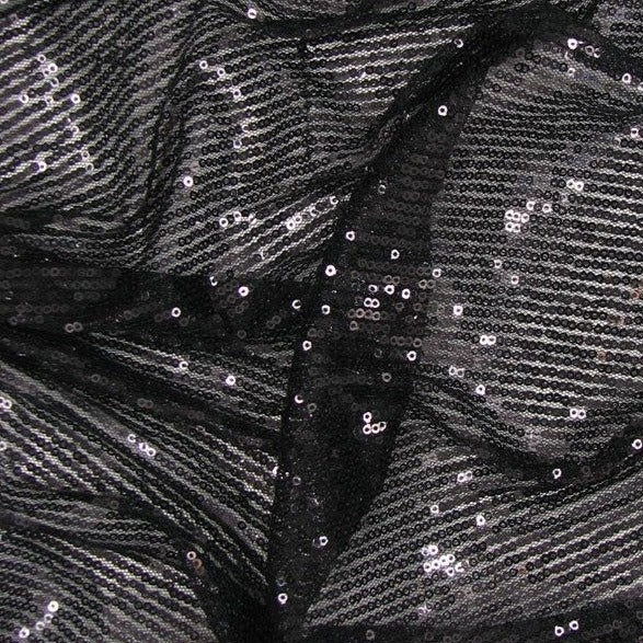 Displaying Icon a fabric with Black Sequins in parallel lines on pure black Polyester Mesh featuring  good drape