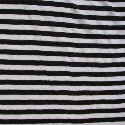 linen knit displaying the black and white striped version of a  pure lightweight linen with fluid drape