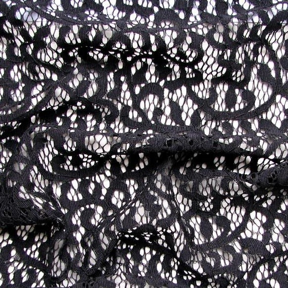 Presenting hot gossip a black colored fabric with  a Two-way stretch nylon rochelle lace with extra spandex and good drape