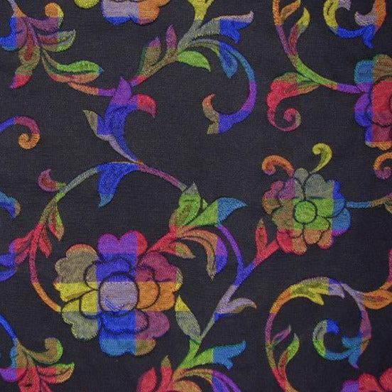 Displaying Overture a colourful floral and check brocade on a black background on medium weight pure polyester 