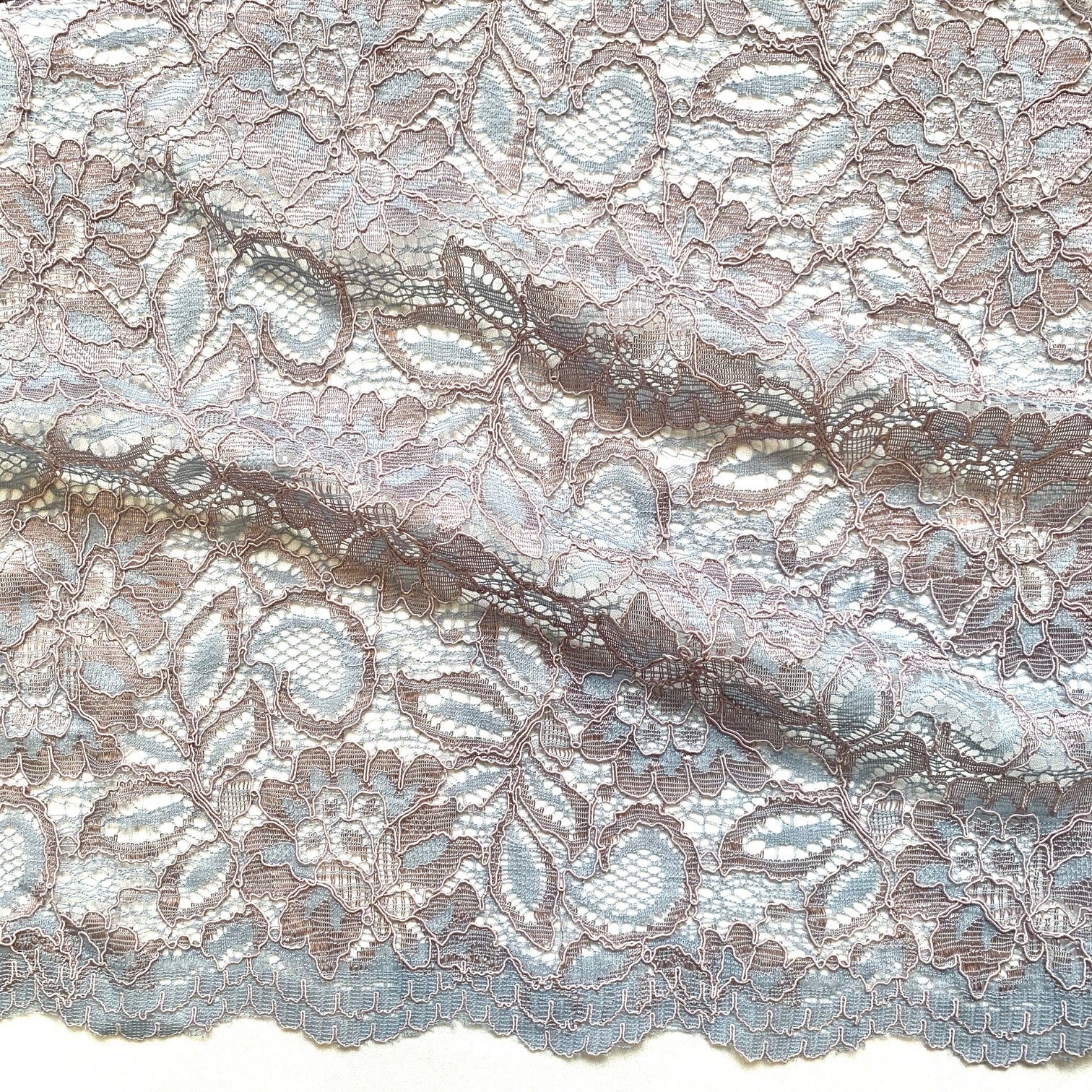 piccadilly displaying the mist color version of a rochelle antique designed lace showing double scalloped edge blend