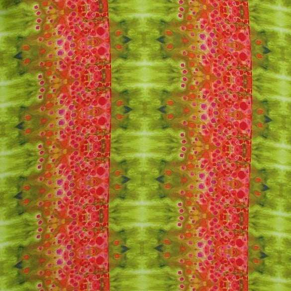 Displaying Haze a Satin chiffon with colorfull green and red print slinky soft feel Micro Polyester featuring fluid drape