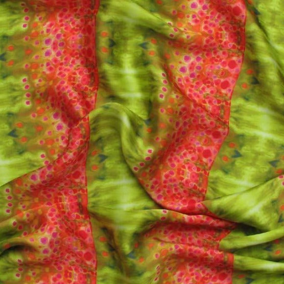 Displaying Haze a Satin chiffon with colorful green and red print slinky soft feel Micro Polyester featuring fluid drape closeup