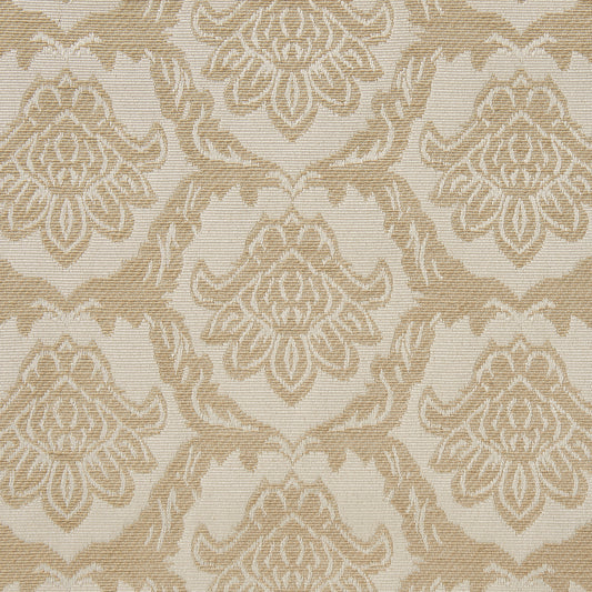 Displaying rattan a beige colored jacquard featuring emblem design on medium weight cotton and polyester blend suitable for suiting