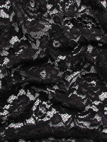 Displaying astoria e black colored fabric with Rochelle lace with rose design nylon and rayon blend featuring good drape