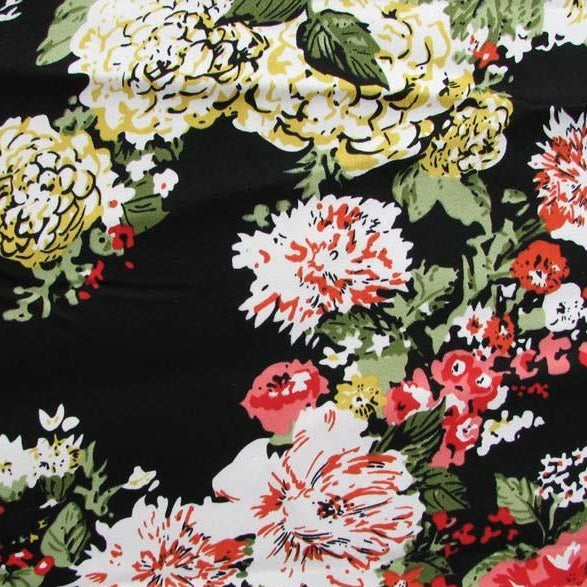 Tess displaying  a painterly Floral Print Stretch Cotton Blend with spandex shown Flat